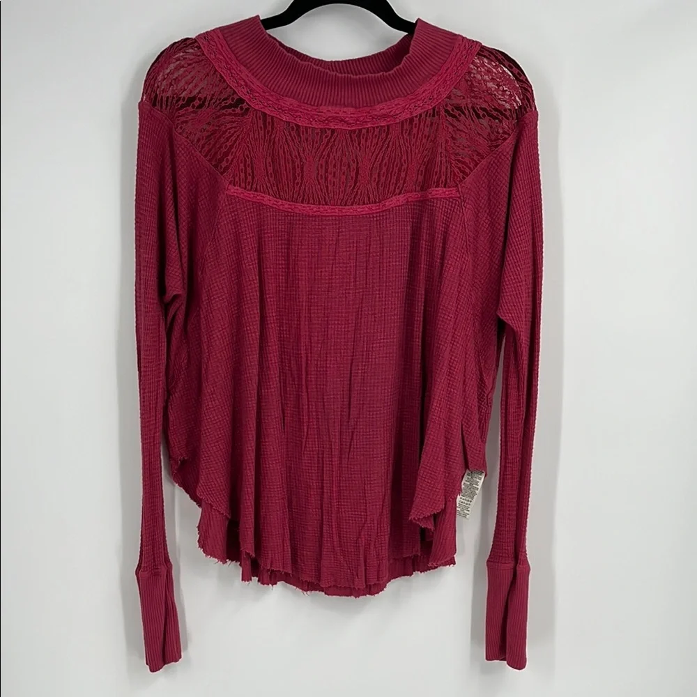 Free People Pink Red Long Sleeve with Lace Detail Size Small